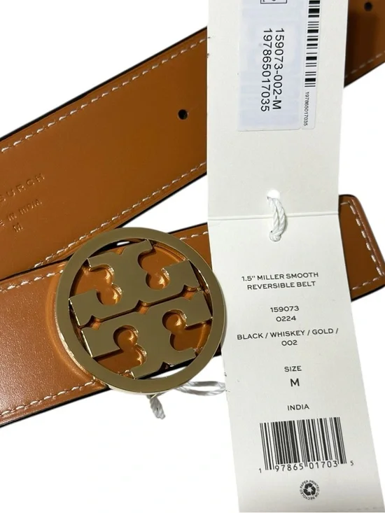 TORY BURCH 1.5” Miller Smooth Reversible Belt, Black/Whiskey Gold, Medium - Picture 6 of 6